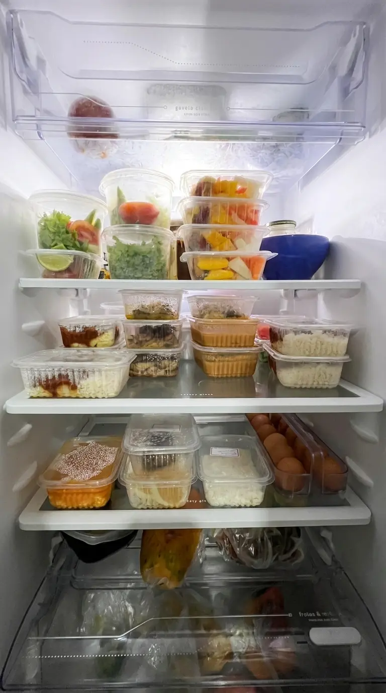 A fridge packed with meal-prep containers, shelves stacked with portioned food